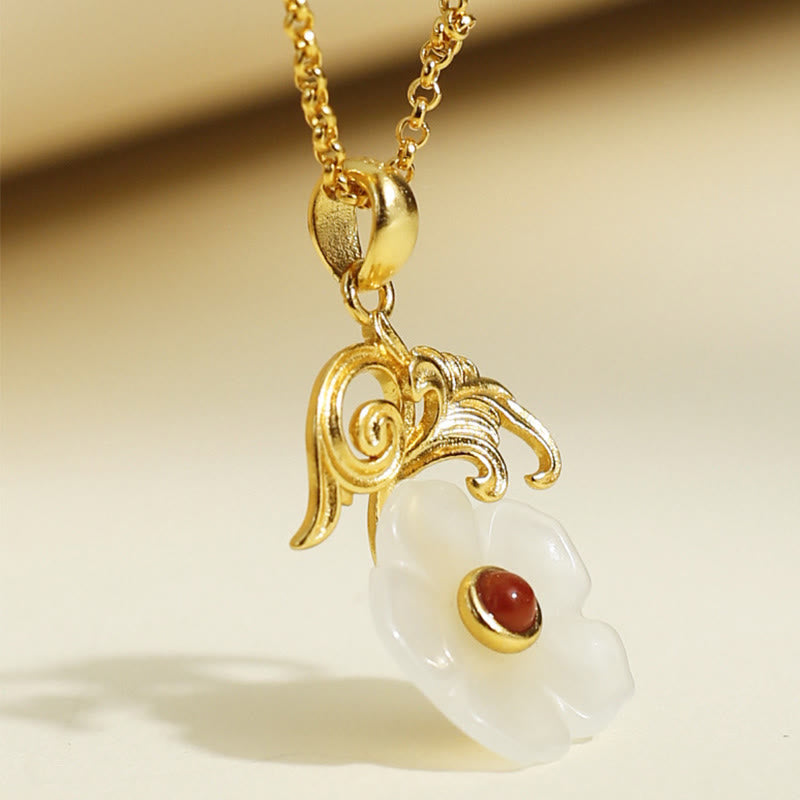 Wear FengShui Hetian Jade Flower 925 Sterling Silver Luck Necklace Pendant
