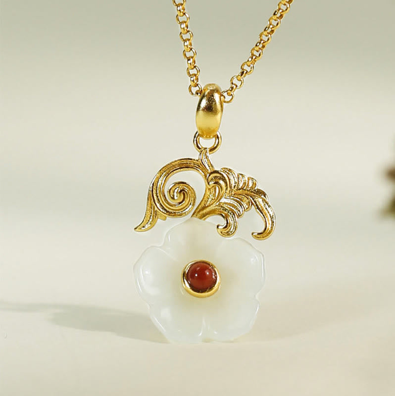 Wear FengShui Hetian Jade Flower 925 Sterling Silver Luck Necklace Pendant