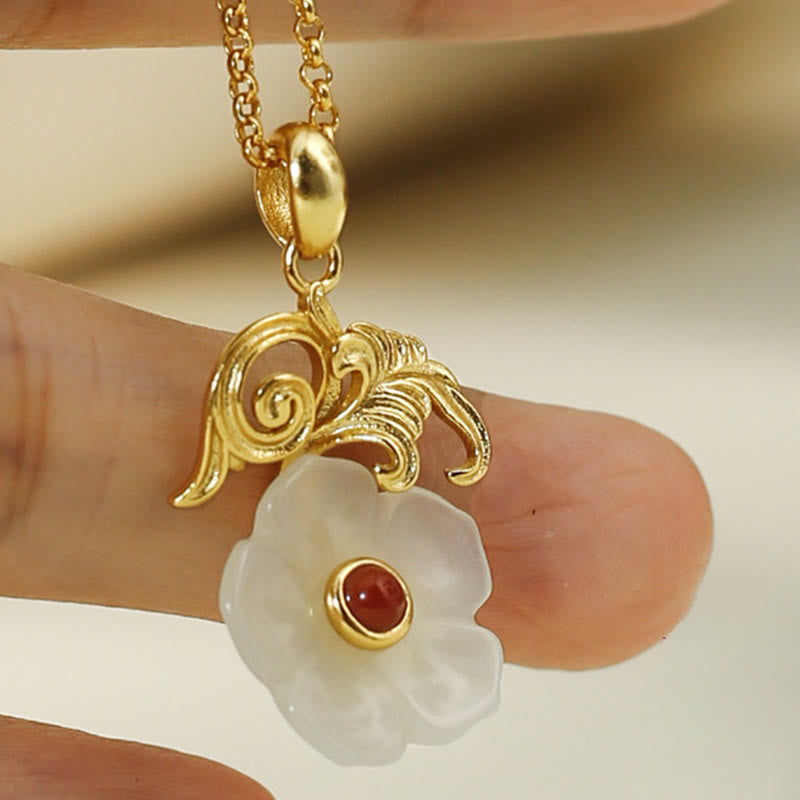 Wear FengShui Hetian Jade Flower 925 Sterling Silver Luck Necklace Pendant