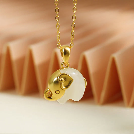 Wear FengShui Elephant Hetian Jade 925 Sterling Silver Luck Necklace Pendant
