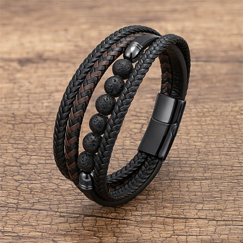 Wear FengShui Tiger Eye Lava Rock Black Onyx Lazurite Lapis Lazuli Hematite Bead Positive Leather Bracelet
