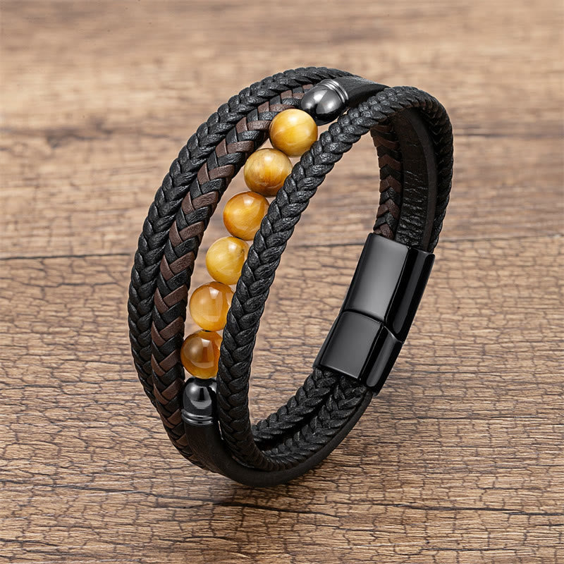 Wear FengShui Tiger Eye Lava Rock Black Onyx Lazurite Lapis Lazuli Hematite Bead Positive Leather Bracelet