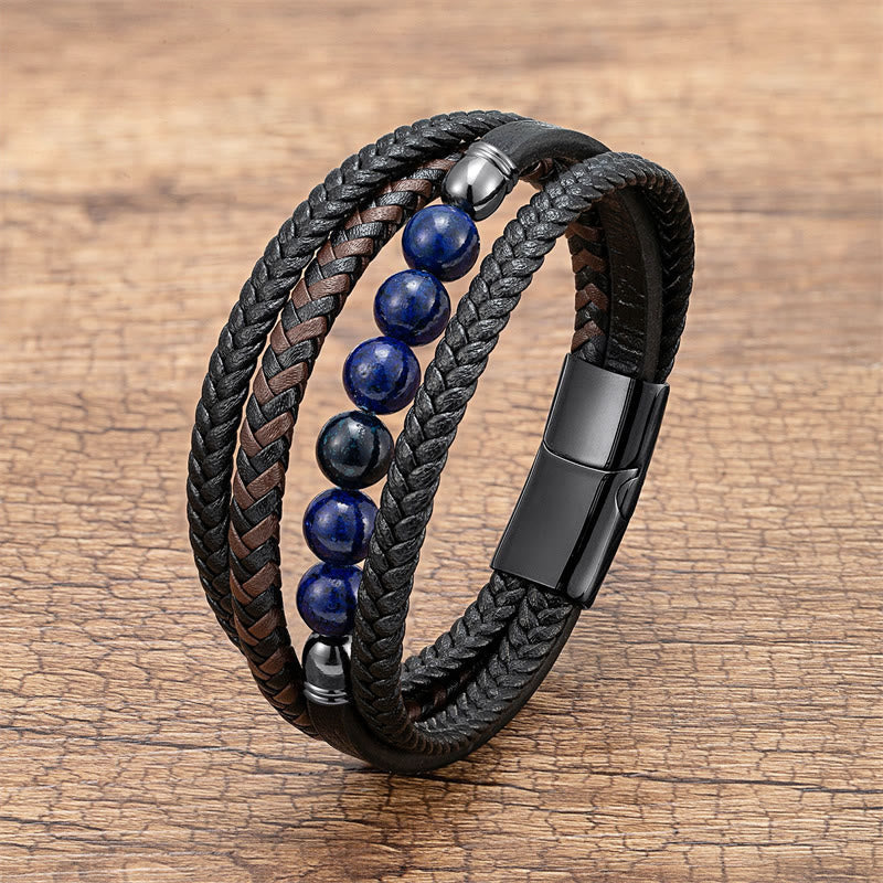 Wear FengShui Tiger Eye Lava Rock Black Onyx Lazurite Lapis Lazuli Hematite Bead Positive Leather Bracelet