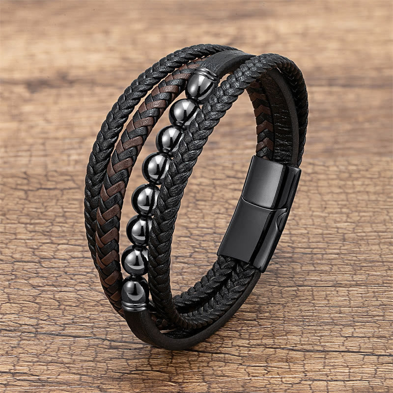 Wear FengShui Tiger Eye Lava Rock Black Onyx Lazurite Lapis Lazuli Hematite Bead Positive Leather Bracelet