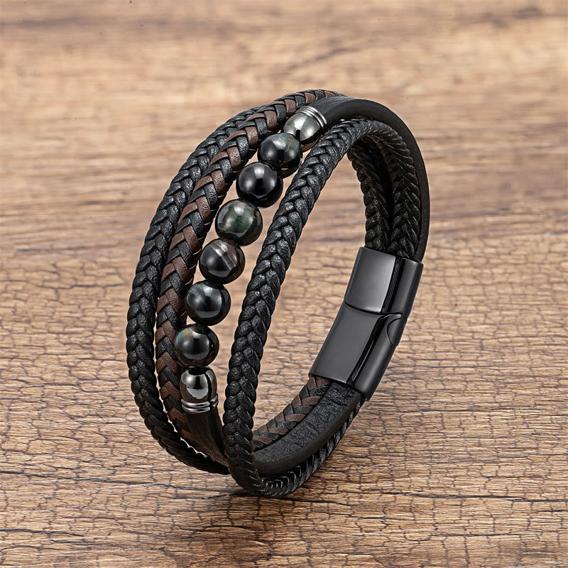 Wear FengShui Tiger Eye Lava Rock Black Onyx Lazurite Lapis Lazuli Hematite Bead Positive Leather Bracelet