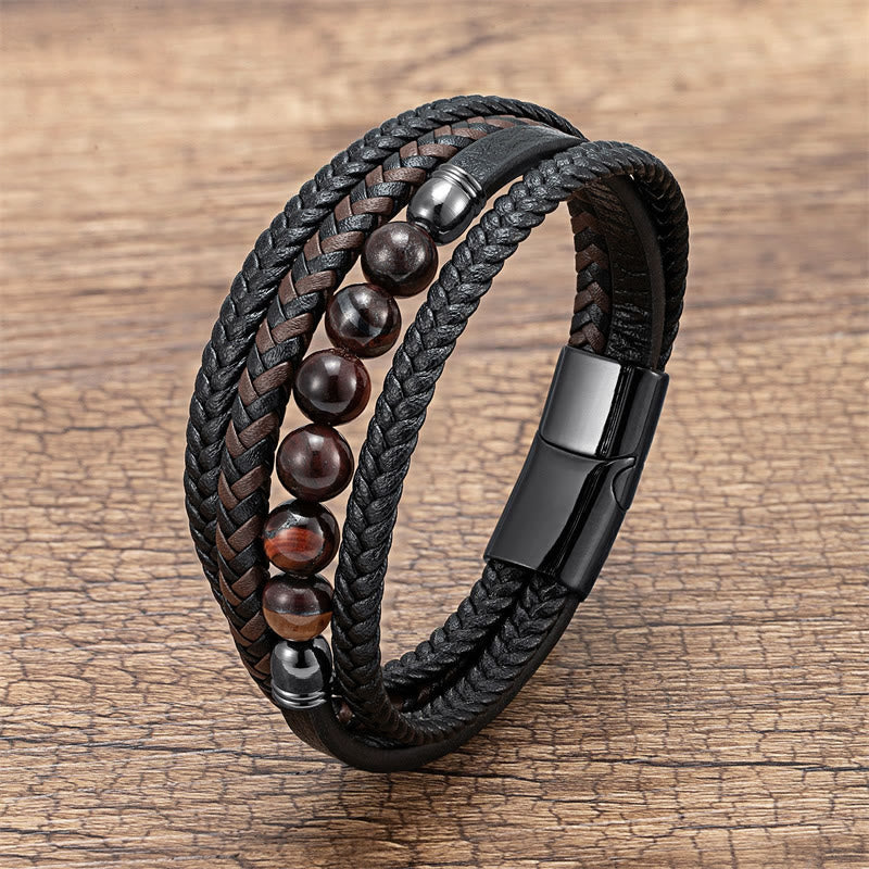 Wear FengShui Tiger Eye Lava Rock Black Onyx Lazurite Lapis Lazuli Hematite Bead Positive Leather Bracelet