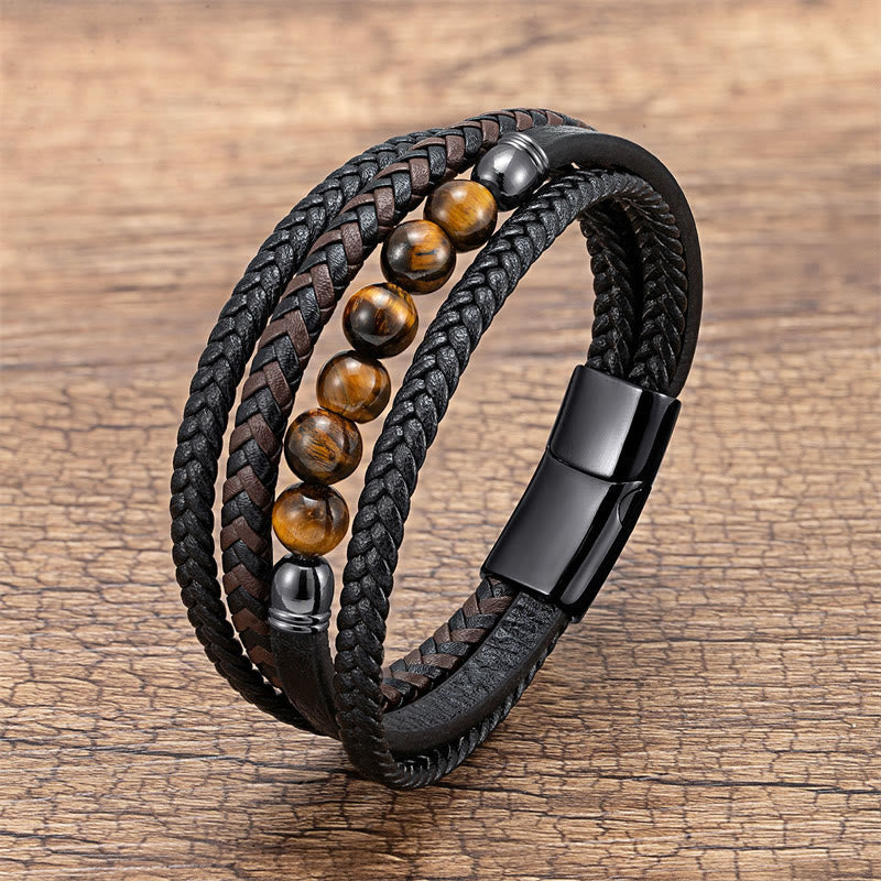 Wear FengShui Tiger Eye Lava Rock Black Onyx Lazurite Lapis Lazuli Hematite Bead Positive Leather Bracelet