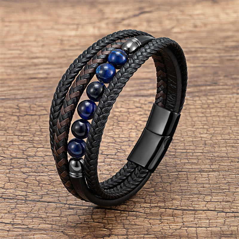 Wear FengShui Tiger Eye Lava Rock Black Onyx Lazurite Lapis Lazuli Hematite Bead Positive Leather Bracelet