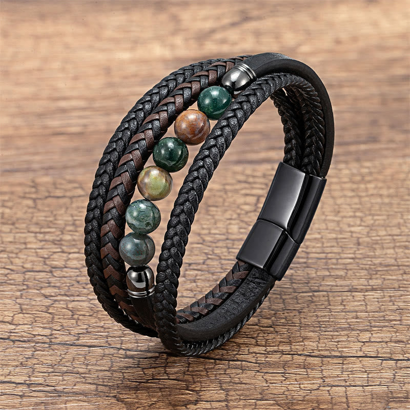 Wear FengShui Tiger Eye Lava Rock Black Onyx Lazurite Lapis Lazuli Hematite Bead Positive Leather Bracelet