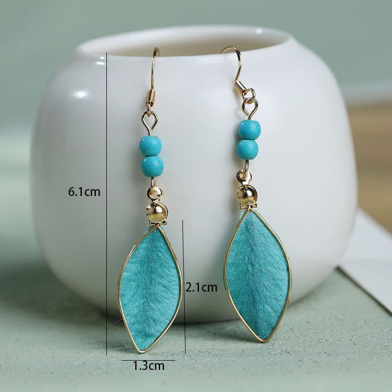 Wear FengShui Boho Handcrafted Silk Art Bead Leave Shape Good Fortune Hook Dangle Earrings