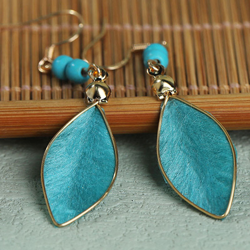 Wear FengShui Boho Handcrafted Silk Art Bead Leave Shape Good Fortune Hook Dangle Earrings