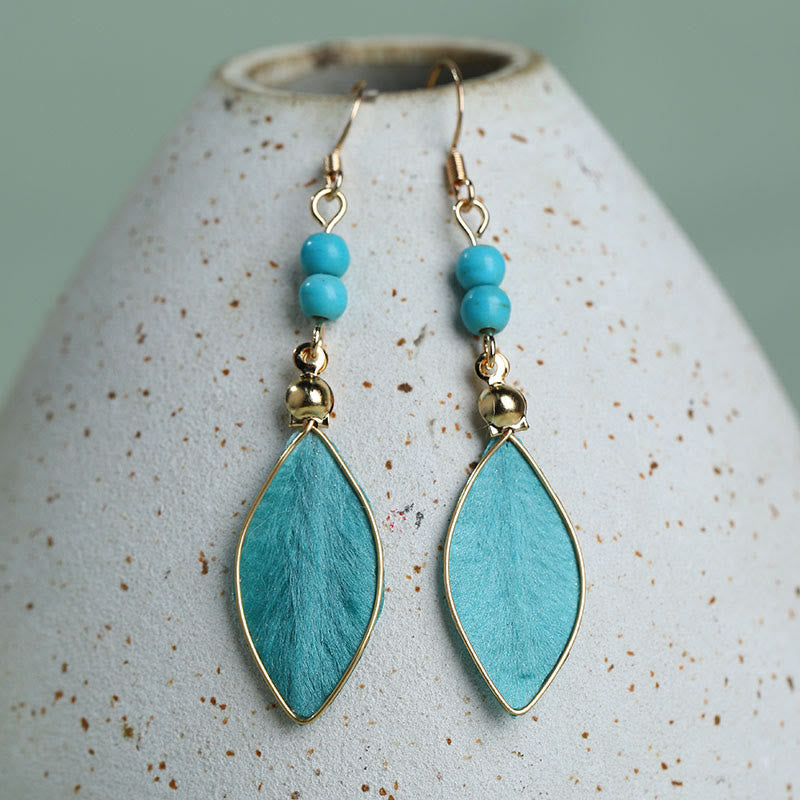 Wear FengShui Boho Handcrafted Silk Art Bead Leave Shape Good Fortune Hook Dangle Earrings