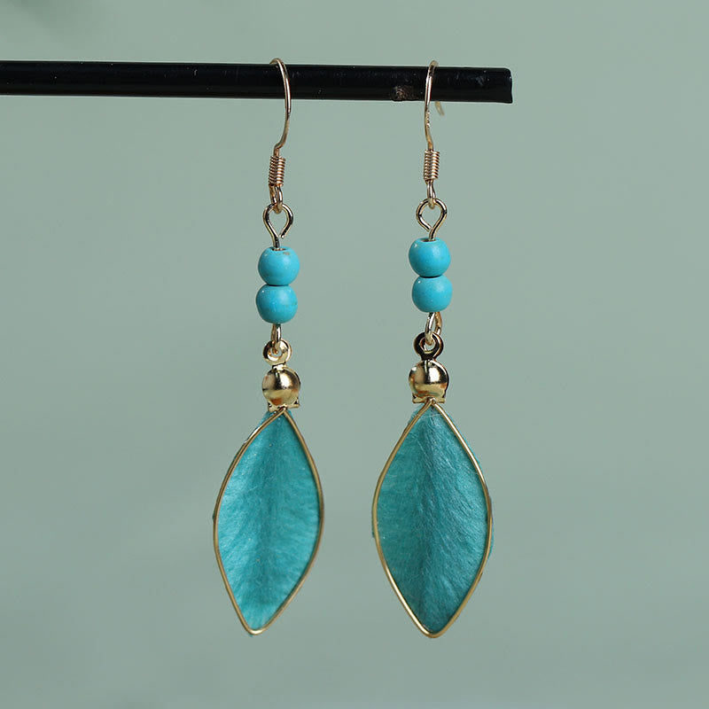 Wear FengShui Boho Handcrafted Silk Art Bead Leave Shape Good Fortune Hook Dangle Earrings