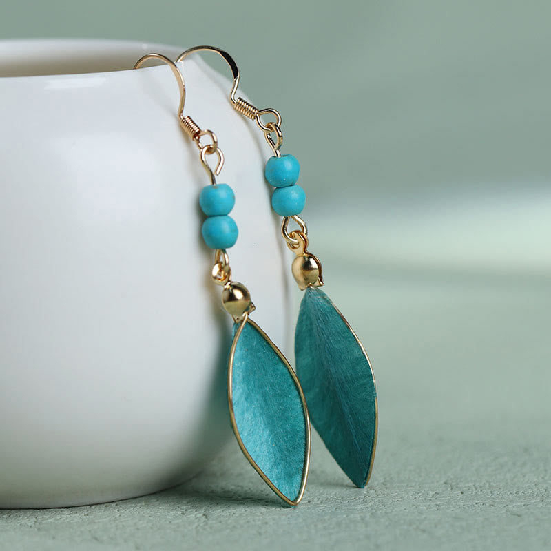 Wear FengShui Boho Handcrafted Silk Art Bead Leave Shape Good Fortune Hook Dangle Earrings