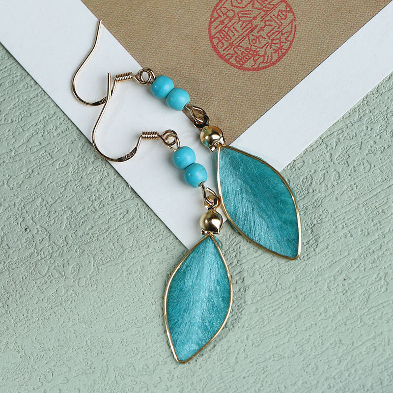 Wear FengShui Boho Handcrafted Silk Art Bead Leave Shape Good Fortune Hook Dangle Earrings