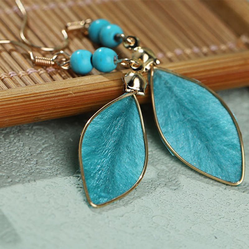 Wear FengShui Boho Handcrafted Silk Art Bead Leave Shape Good Fortune Hook Dangle Earrings