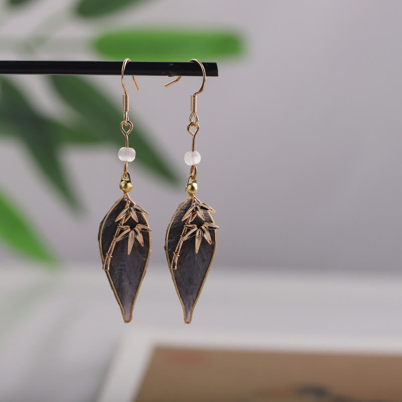 Wear FengShui Handcrafted Silk Art Bamboo Design Copper Hook Luck Protection Dangle Earrings