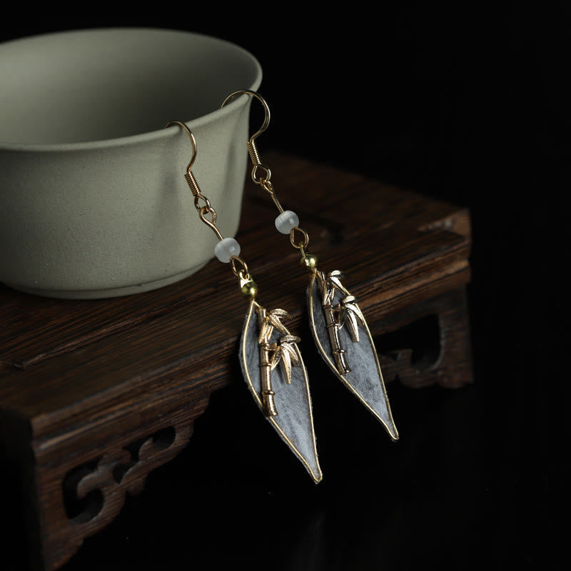 Wear FengShui Handcrafted Silk Art Bamboo Design Copper Hook Luck Protection Dangle Earrings