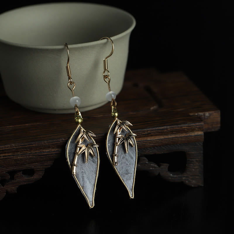 Wear FengShui Handcrafted Silk Art Bamboo Design Copper Hook Luck Protection Dangle Earrings