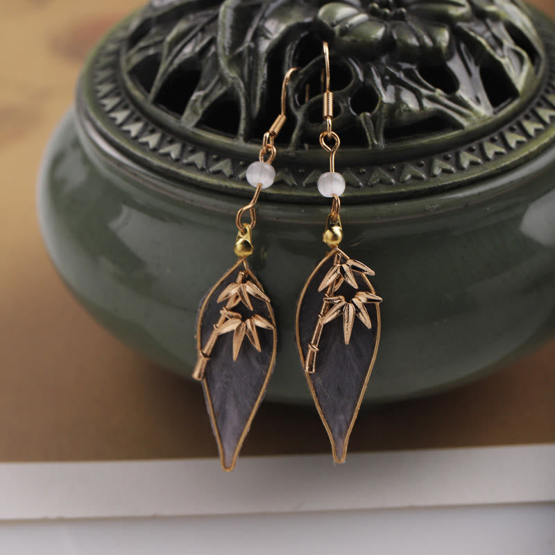 Wear FengShui Handcrafted Silk Art Bamboo Design Copper Hook Luck Protection Dangle Earrings