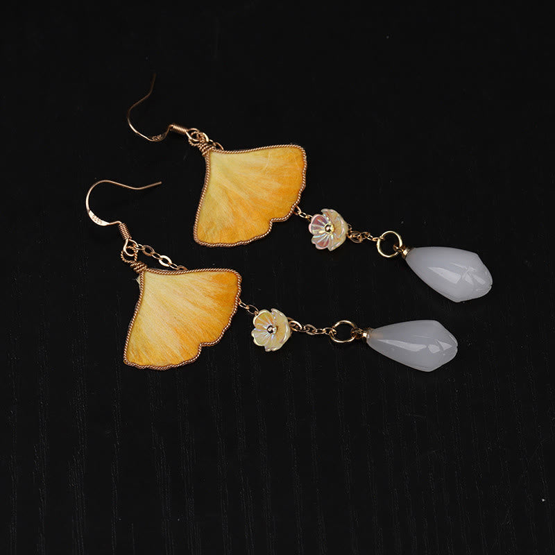 Wear FengShui Handmade Silk Craft Yellow Ginkgo Leaf Copper Hook Good Fortune Dangle Earrings