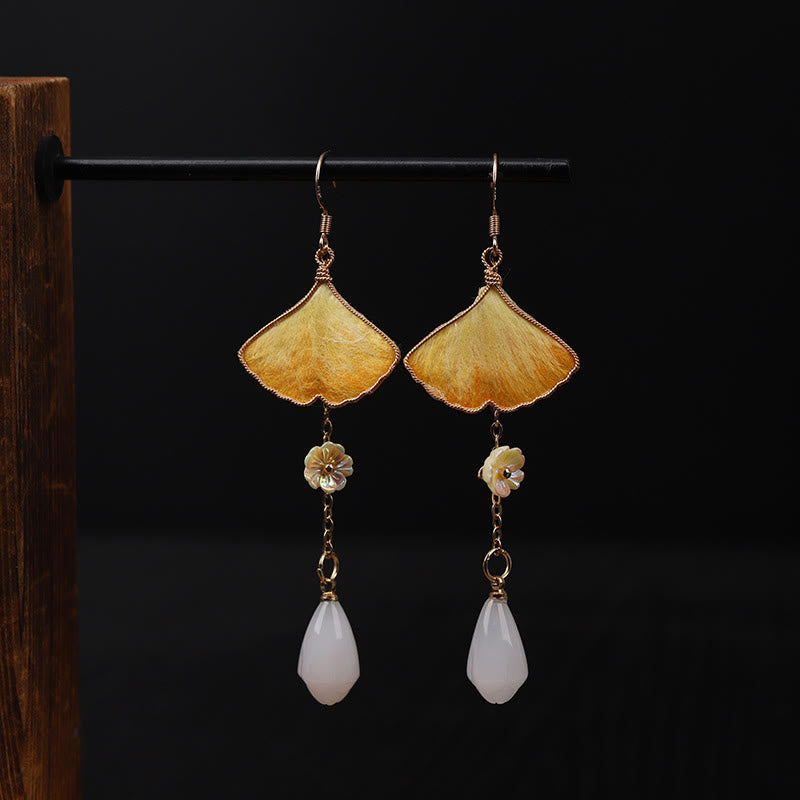 Wear FengShui Handmade Silk Craft Yellow Ginkgo Leaf Copper Hook Good Fortune Dangle Earrings