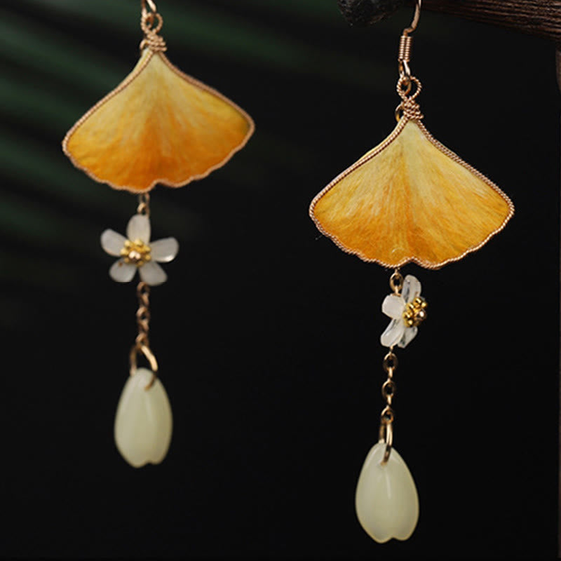 Wear FengShui Handmade Silk Craft Yellow Ginkgo Leaf Copper Hook Good Fortune Dangle Earrings