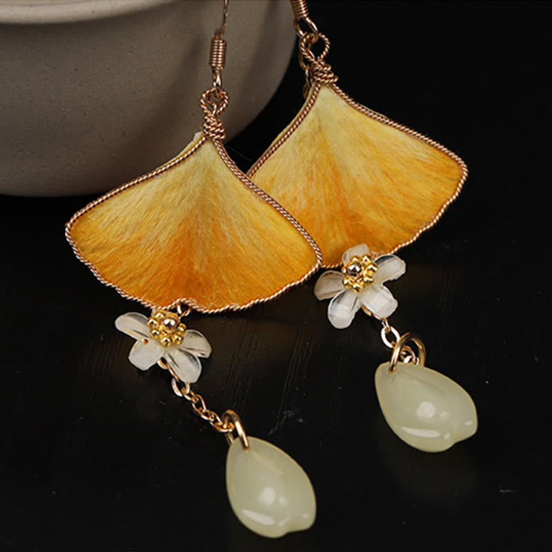Wear FengShui Handmade Silk Craft Yellow Ginkgo Leaf Copper Hook Good Fortune Dangle Earrings