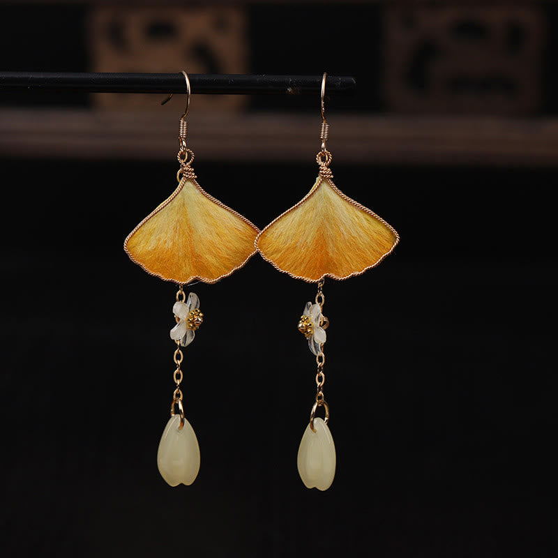 Wear FengShui Handmade Silk Craft Yellow Ginkgo Leaf Copper Hook Good Fortune Dangle Earrings
