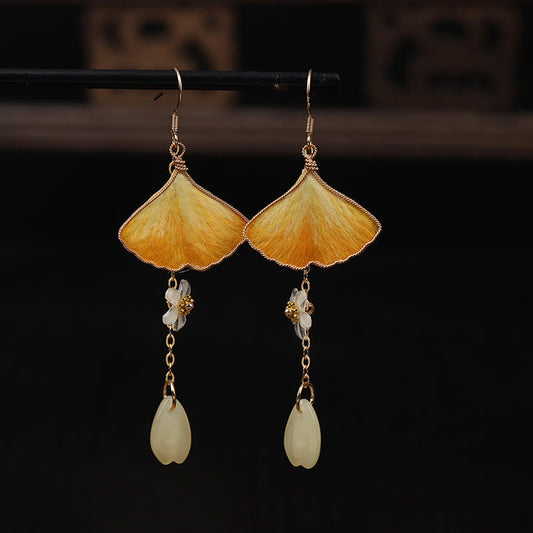 Wear FengShui Handmade Silk Craft Yellow Ginkgo Leaf Copper Hook Good Fortune Dangle Earrings