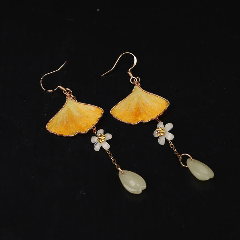Wear FengShui Handmade Silk Craft Yellow Ginkgo Leaf Copper Hook Good Fortune Dangle Earrings