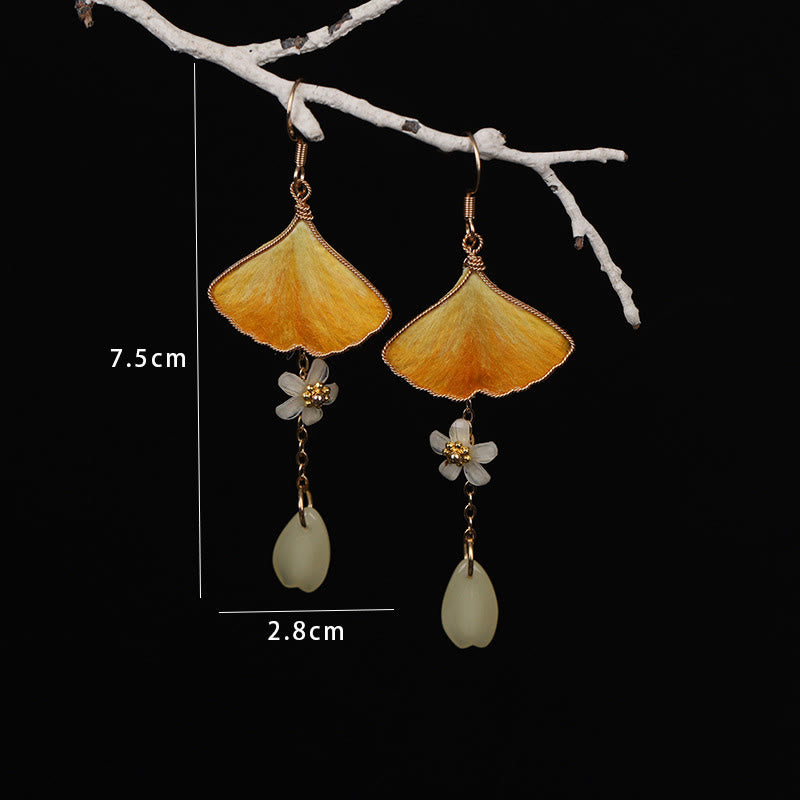 Wear FengShui Handmade Silk Craft Yellow Ginkgo Leaf Copper Hook Good Fortune Dangle Earrings