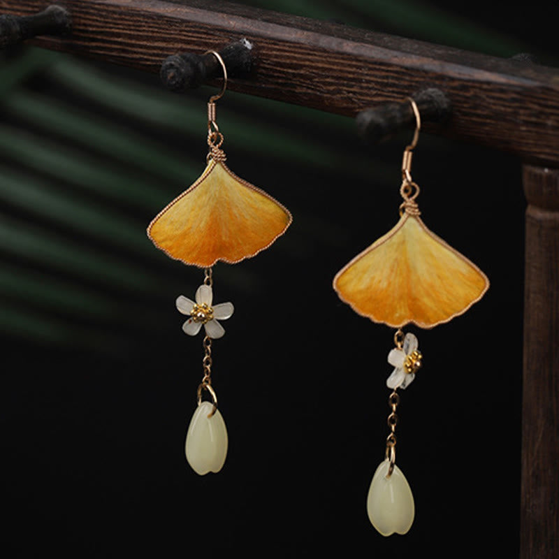 Wear FengShui Handmade Silk Craft Yellow Ginkgo Leaf Copper Hook Good Fortune Dangle Earrings