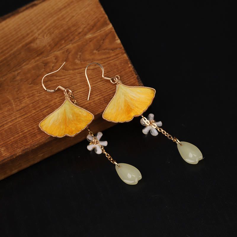 Wear FengShui Handmade Silk Craft Yellow Ginkgo Leaf Copper Hook Good Fortune Dangle Earrings