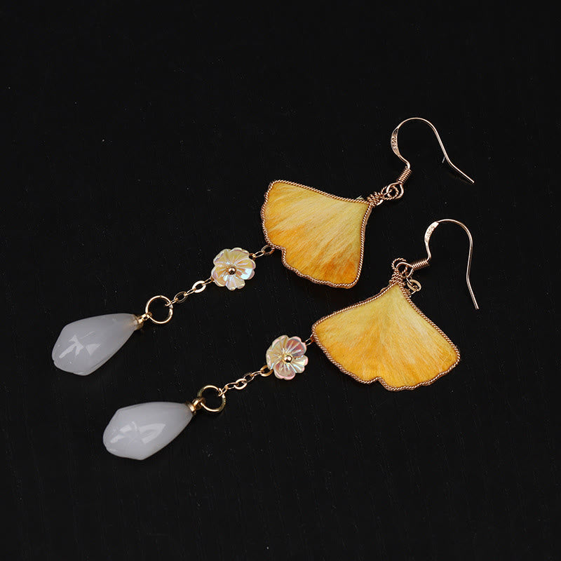 Wear FengShui Handmade Silk Craft Yellow Ginkgo Leaf Copper Hook Good Fortune Dangle Earrings