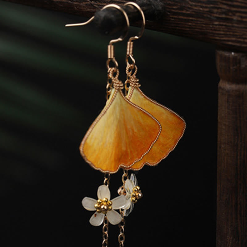 Wear FengShui Handmade Silk Craft Yellow Ginkgo Leaf Copper Hook Good Fortune Dangle Earrings