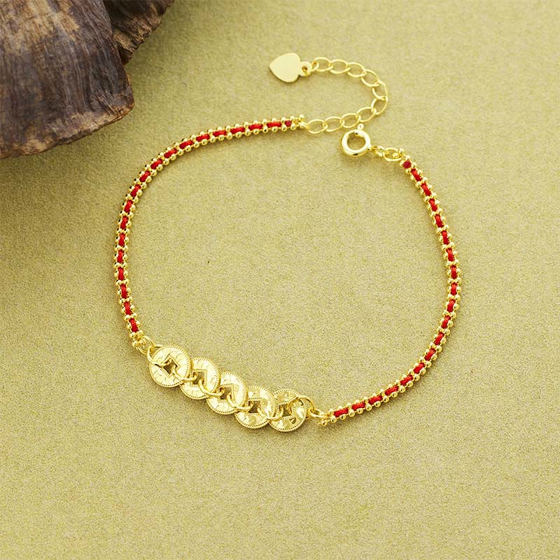 Wear FengShui 925 Sterling Silver Five-Emperor Coins Red String Balance Bracelet