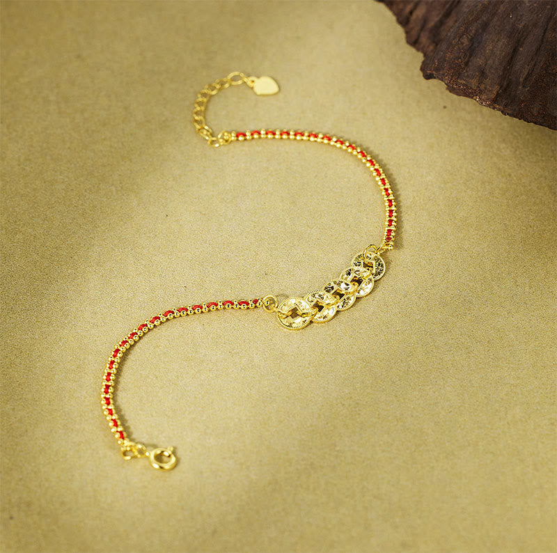 Wear FengShui 925 Sterling Silver Five-Emperor Coins Red String Balance Bracelet