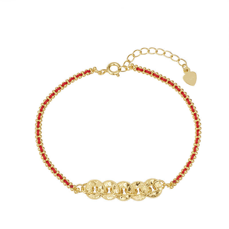 Wear FengShui 925 Sterling Silver Five-Emperor Coins Red String Balance Bracelet