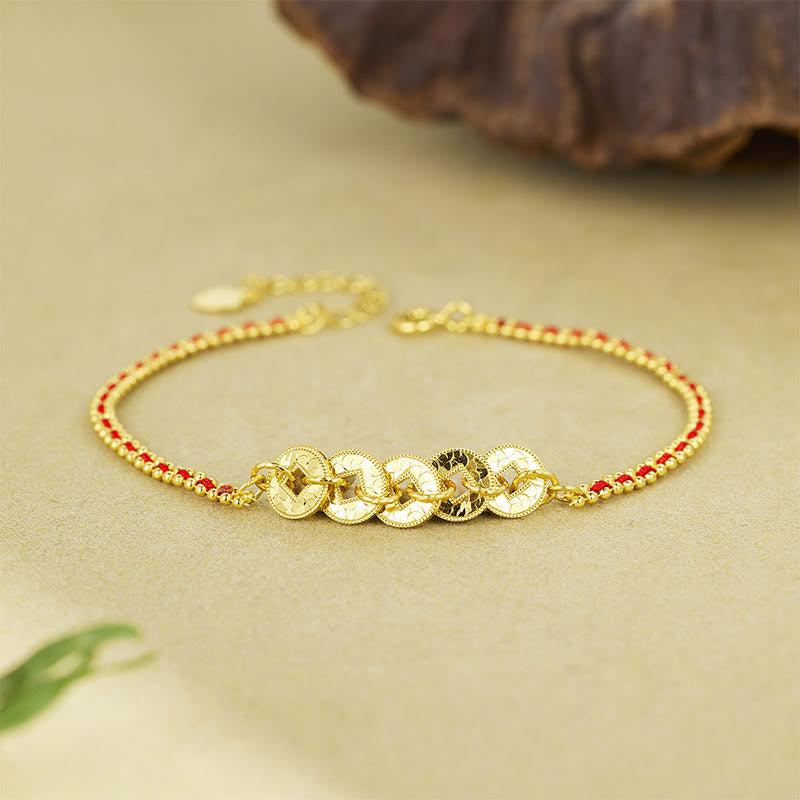 Wear FengShui 925 Sterling Silver Five-Emperor Coins Red String Balance Bracelet