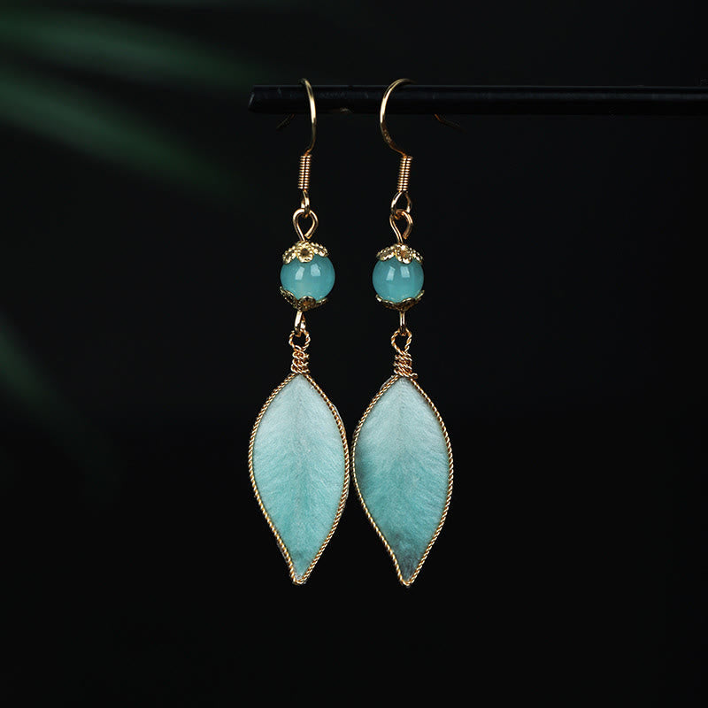 Wear FengShui Handmade Cyan Leaf Copper Plated Silver Hook Protection Drop Earrings