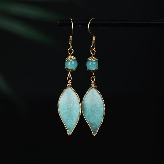 Wear FengShui Handmade Cyan Leaf Copper Plated Silver Hook Protection Drop Earrings
