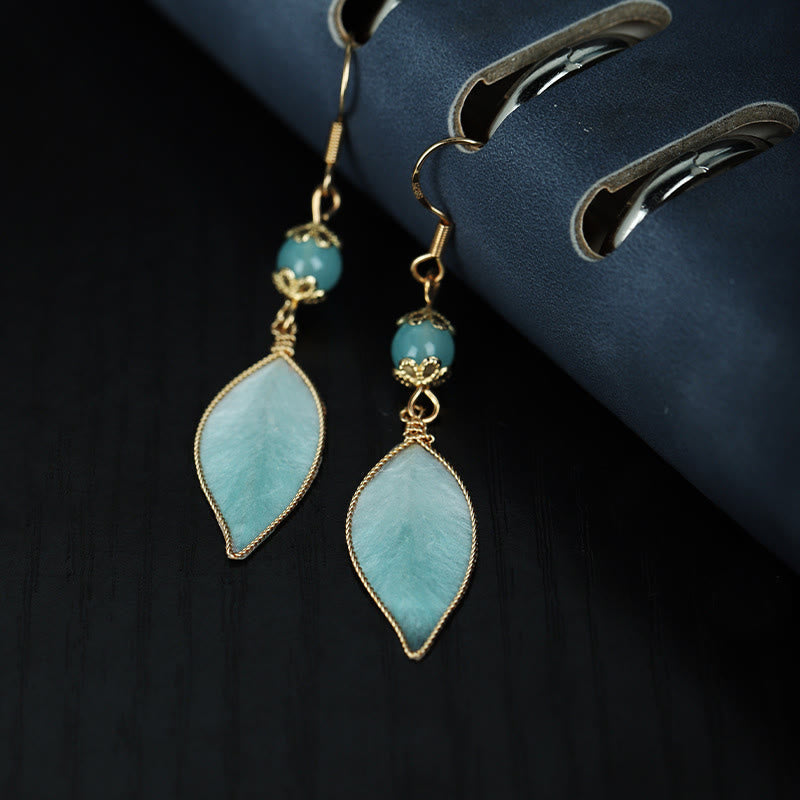 Wear FengShui Handmade Cyan Leaf Copper Plated Silver Hook Protection Drop Earrings