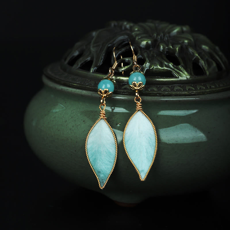 Wear FengShui Handmade Cyan Leaf Copper Plated Silver Hook Protection Drop Earrings