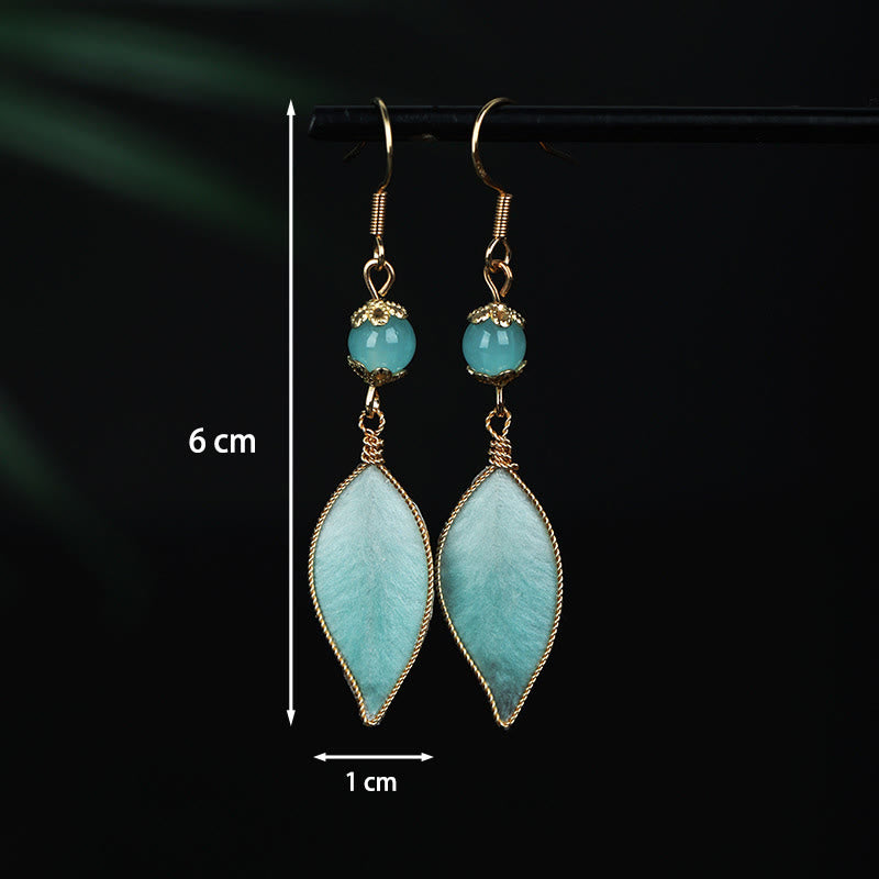 Wear FengShui Handmade Cyan Leaf Copper Plated Silver Hook Protection Drop Earrings