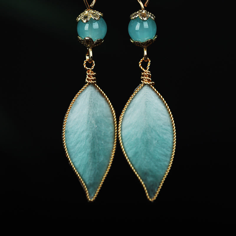 Wear FengShui Handmade Cyan Leaf Copper Plated Silver Hook Protection Drop Earrings