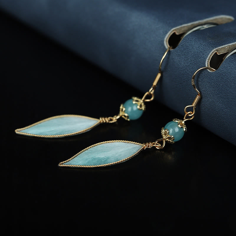 Wear FengShui Handmade Cyan Leaf Copper Plated Silver Hook Protection Drop Earrings
