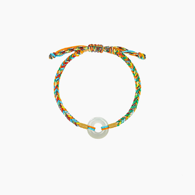 Wear FengShui Handmade Peace Buckle Jade Prosperity 925 Sterling Silver Colorful Rope Bracelet