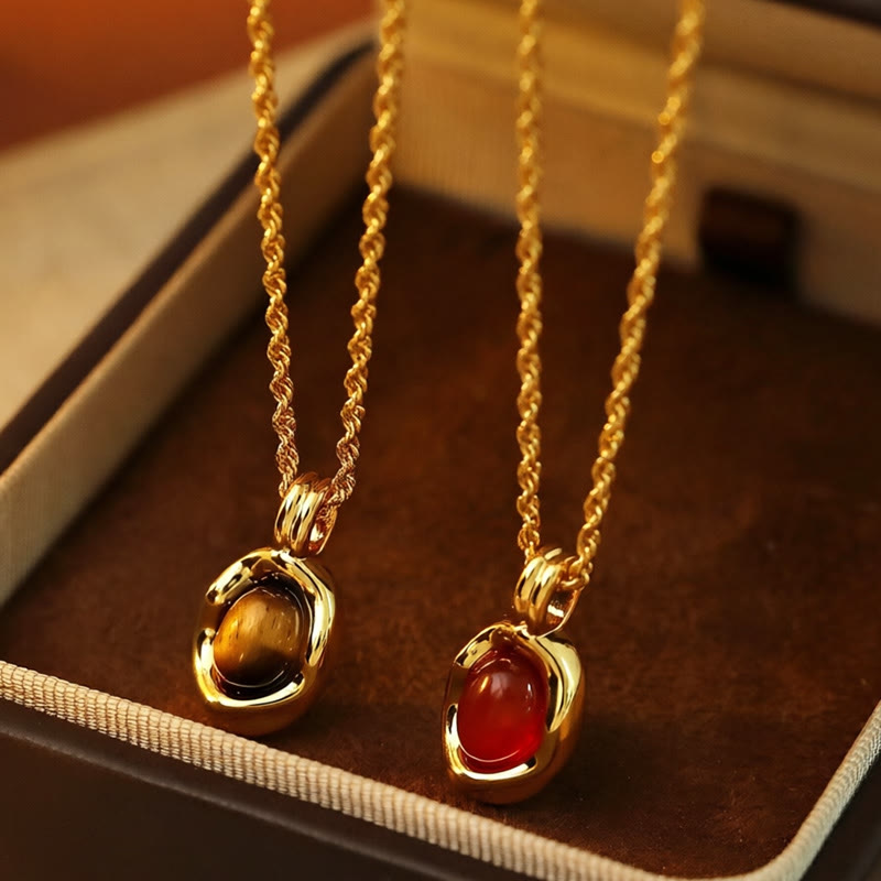 Wear FengShui Tiger Eye Red Agate Copper Plated Gold Chain Properity Necklace Pendant