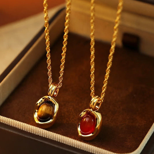 Wear FengShui Tiger Eye Red Agate Copper Plated Gold Chain Properity Necklace Pendant